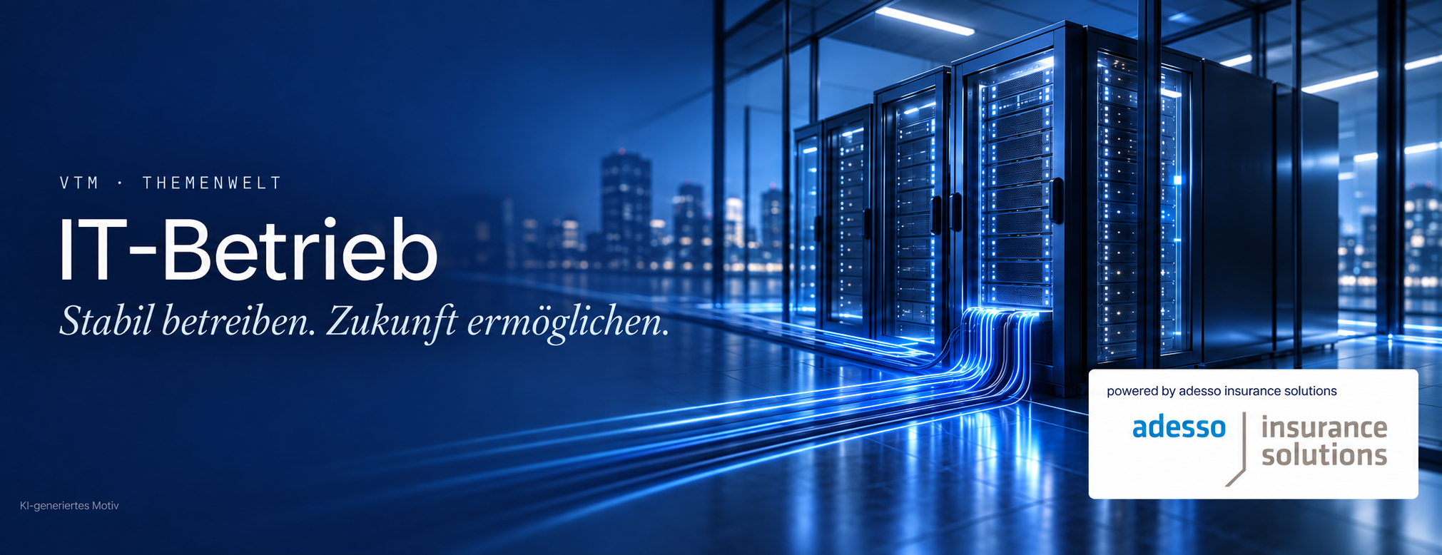VTM Themenwelt IT-Betrieb – Stabil betreiben. Zukunft ermöglichen. Powered by adesso insurance solutions. KI-generiertes Motiv.